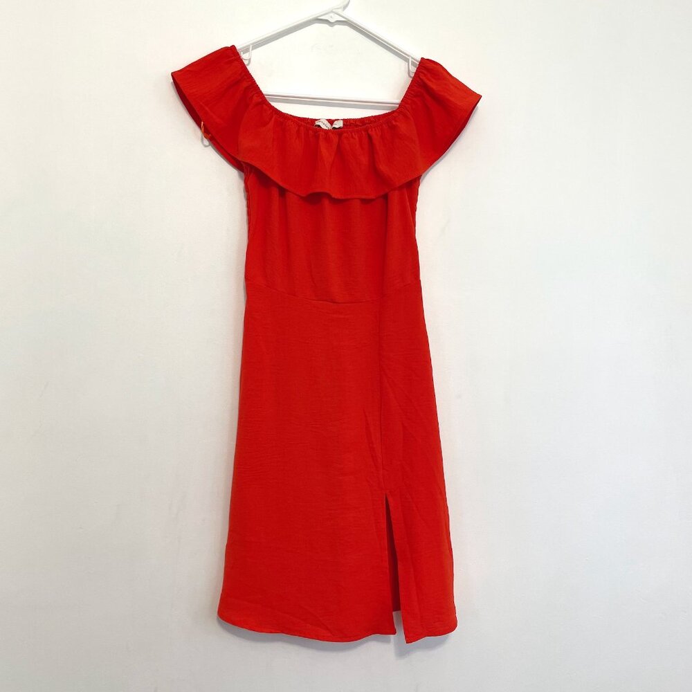 MONTEAU Orange ish Red ? Flounce Ruffle Trim Boho Party Mini Fit & Flare Dress